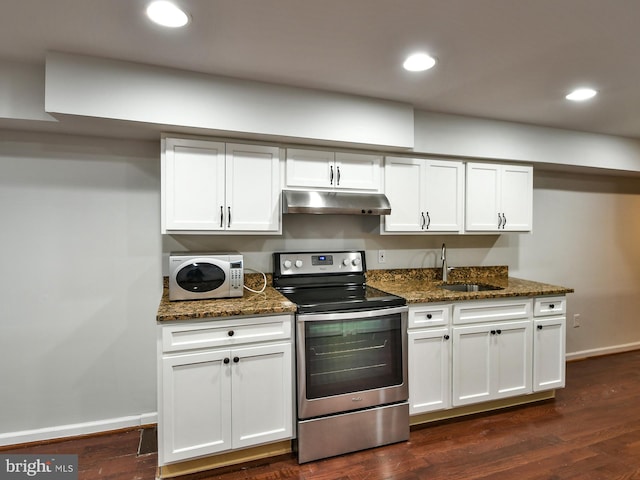 kitchen featuring sink, white cabinets, dark hardwood / wood-style floors, and stainless steel range with electric stovetop