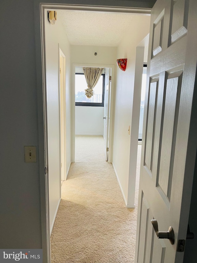 corridor featuring light colored carpet and a textured ceiling