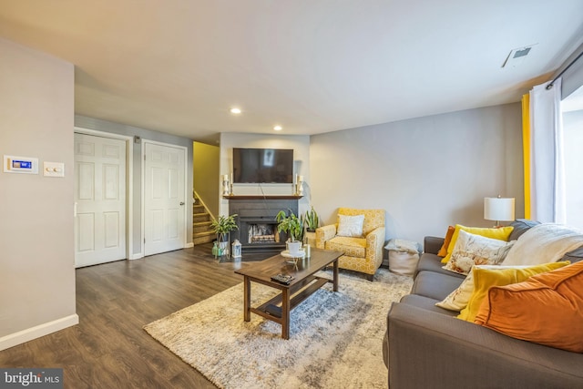 living room featuring dark wood-type flooring