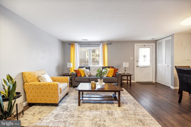 living room with dark hardwood / wood-style flooring