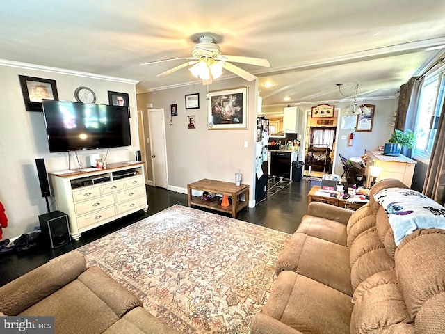 living room with ceiling fan, dark hardwood / wood-style floors, and ornamental molding