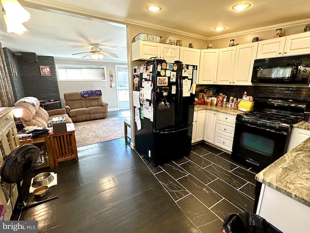 kitchen featuring white cabinets, ceiling fan, black appliances, and crown molding