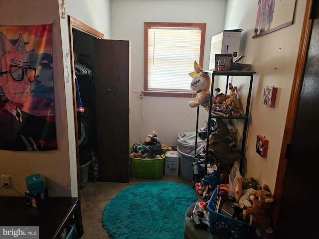 bedroom with carpet flooring and a closet