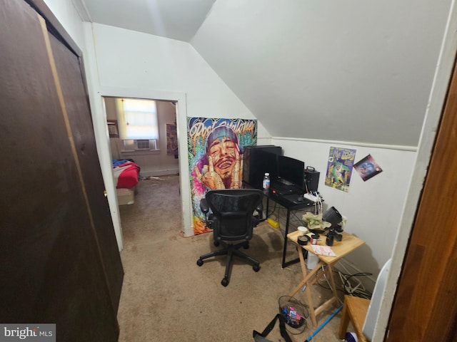 carpeted office with cooling unit and lofted ceiling