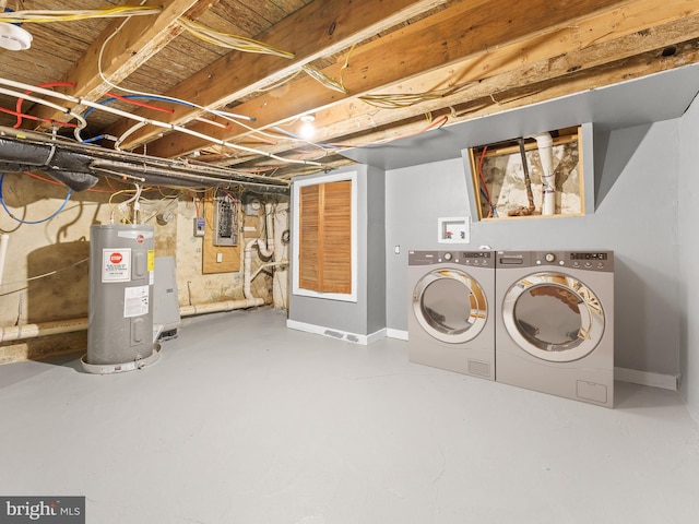 basement featuring electric water heater, electric panel, and independent washer and dryer