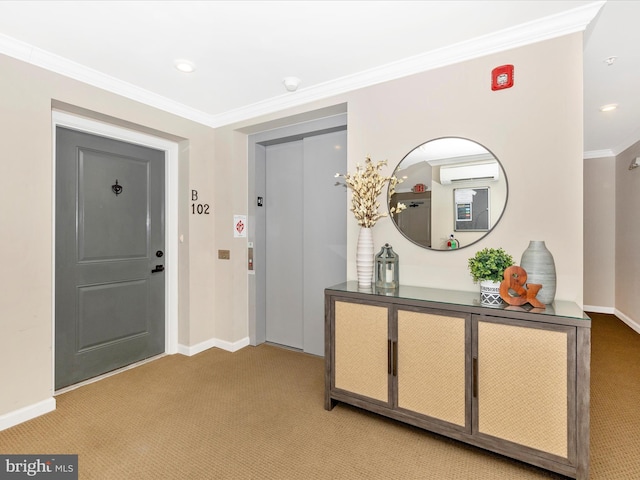 foyer featuring light carpet, elevator, a wall unit AC, and crown molding