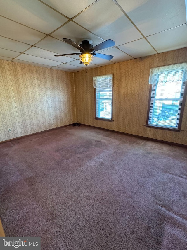 carpeted spare room with a paneled ceiling and ceiling fan