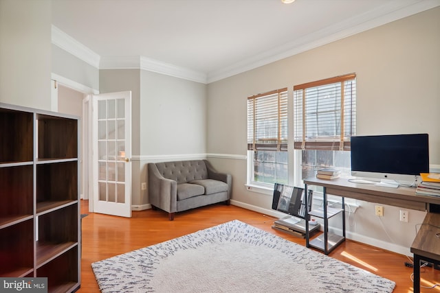 office area with crown molding, french doors, and wood-type flooring