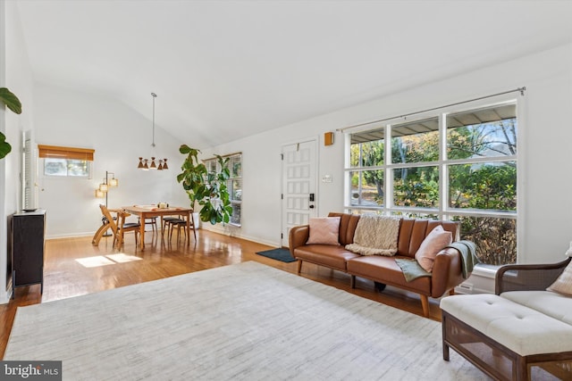 living room with light hardwood / wood-style floors and vaulted ceiling