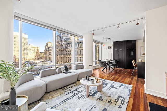 living room featuring wood-type flooring and expansive windows