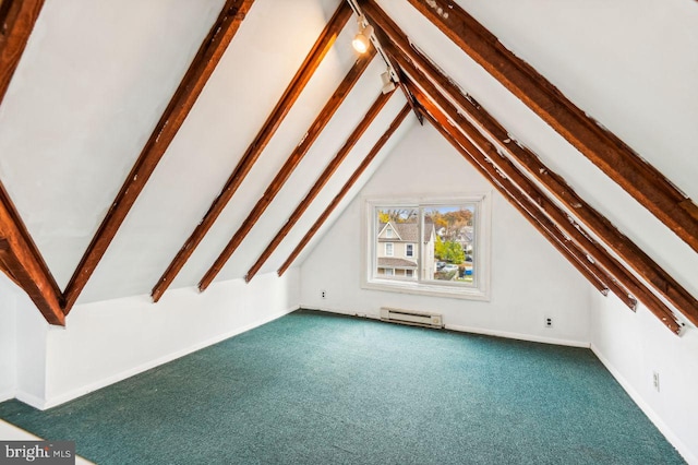 bonus room with lofted ceiling with beams, dark carpet, and a baseboard heating unit