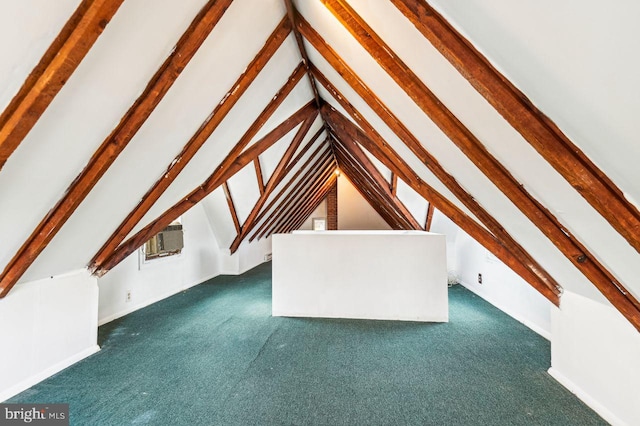 bonus room with dark colored carpet, beam ceiling, and high vaulted ceiling