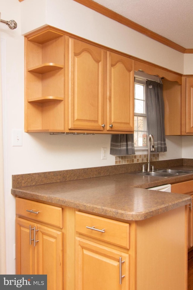 kitchen with ornamental molding, a textured ceiling, and sink