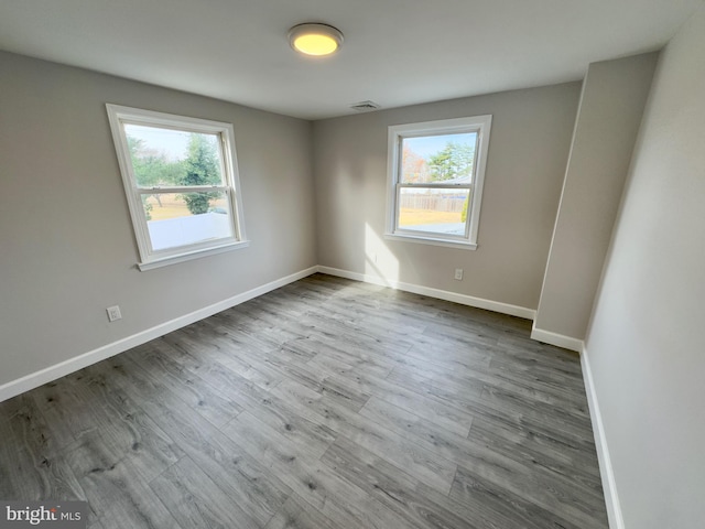 empty room with a wealth of natural light and light hardwood / wood-style flooring