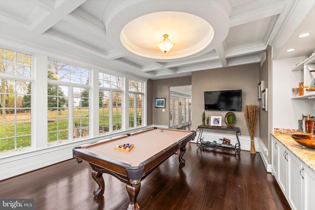 rec room featuring pool table, ornamental molding, dark hardwood / wood-style floors, beam ceiling, and coffered ceiling