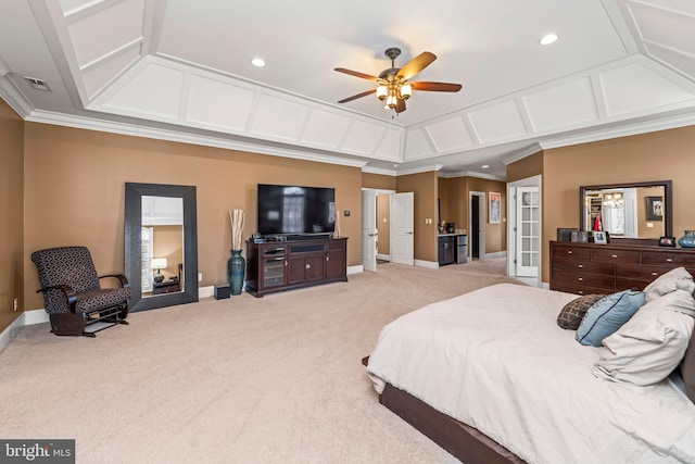 carpeted bedroom with ceiling fan and crown molding