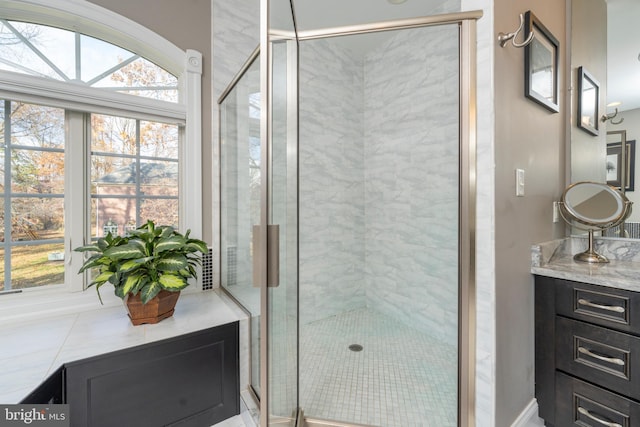 bathroom with vanity, a healthy amount of sunlight, and a shower with door