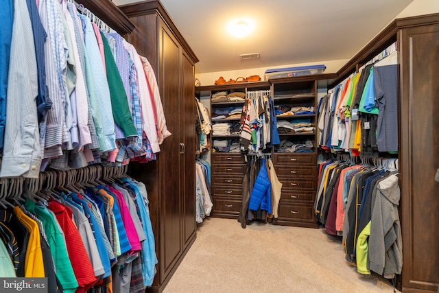 spacious closet featuring light colored carpet