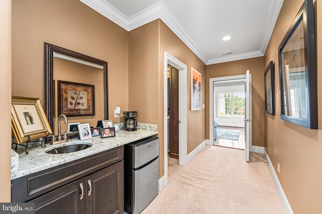 interior space with sink, light colored carpet, and crown molding