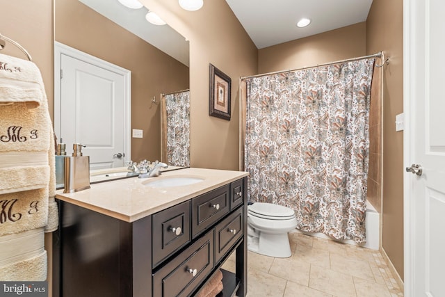 full bathroom featuring toilet, shower / tub combo with curtain, vanity, and tile patterned floors