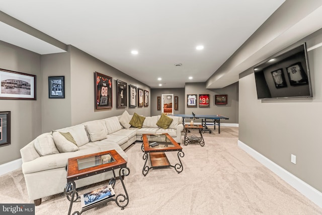 living room featuring light colored carpet