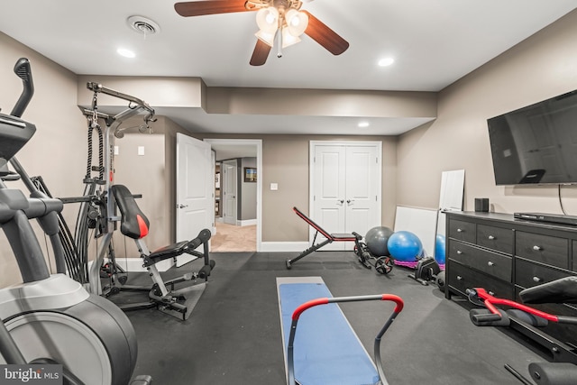 13105 Pendleton Ct, Reisterstown, MD 21136 - workout area featuring a ceiling fan, recessed lighting, and baseboards