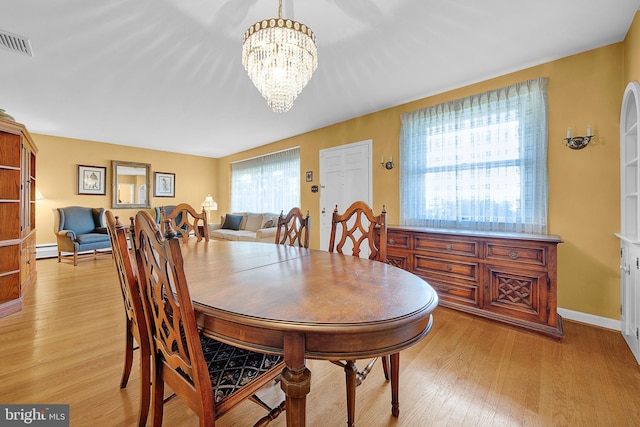 dining space featuring light wood-type flooring, a notable chandelier, and plenty of natural light