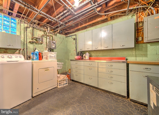 basement featuring electric panel and washer and dryer