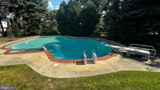 view of swimming pool featuring a patio area and a diving board