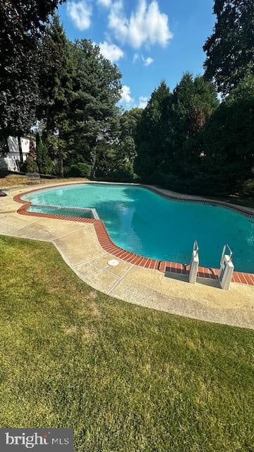 view of swimming pool featuring a lawn and a patio area