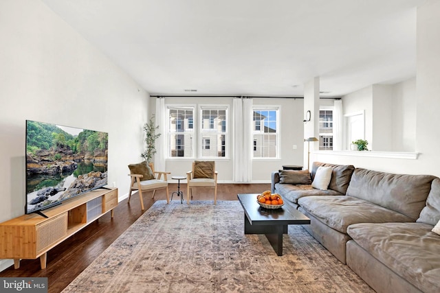 living room with dark hardwood / wood-style floors