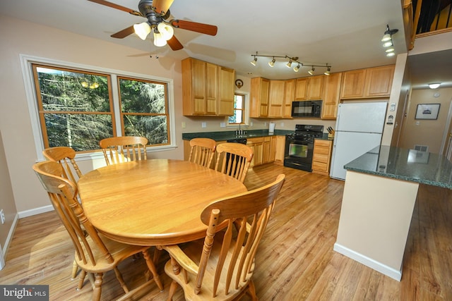 dining room with light hardwood / wood-style floors, ceiling fan, and sink