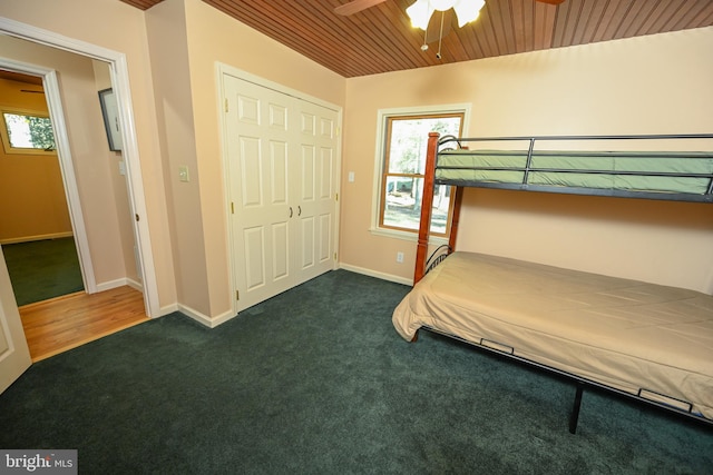 unfurnished bedroom featuring multiple windows, dark carpet, a closet, and wooden ceiling