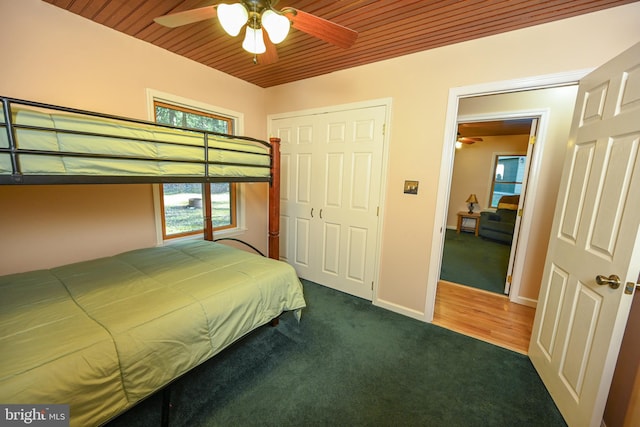 unfurnished bedroom featuring dark colored carpet, ceiling fan, wood ceiling, and a closet