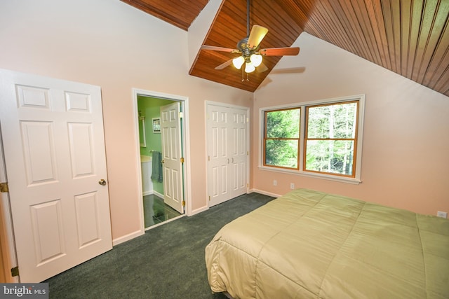 carpeted bedroom featuring ensuite bath, ceiling fan, high vaulted ceiling, and wooden ceiling