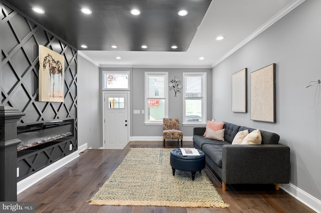 living room featuring dark hardwood / wood-style floors and ornamental molding