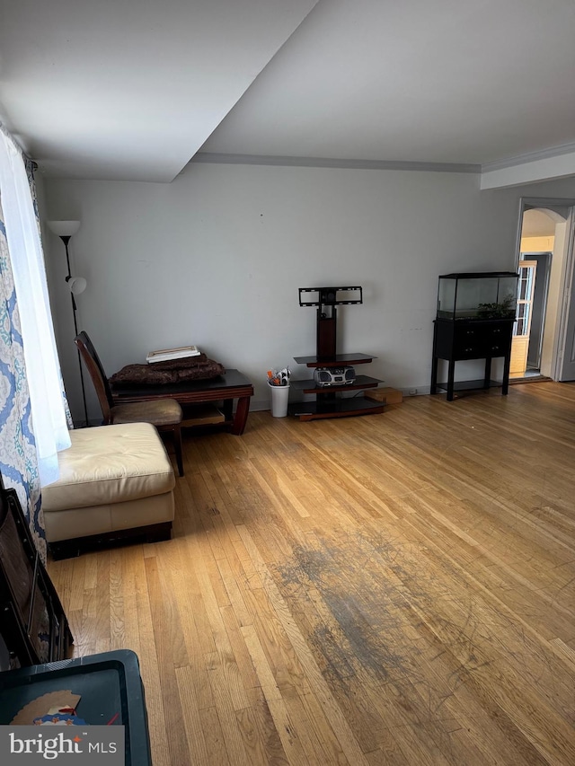 living room with wood-type flooring and ornamental molding