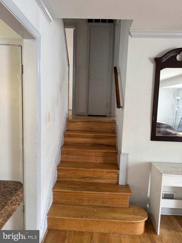 stairs featuring wood-type flooring