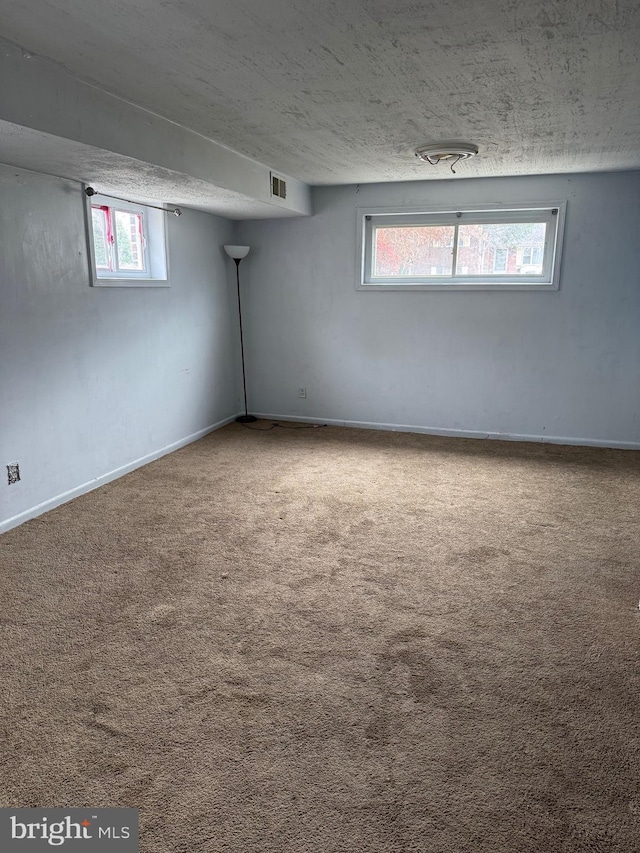 basement with plenty of natural light, carpet floors, and a textured ceiling