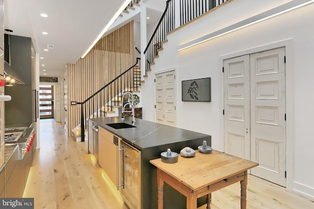 kitchen featuring sink, a center island with sink, and light wood-type flooring