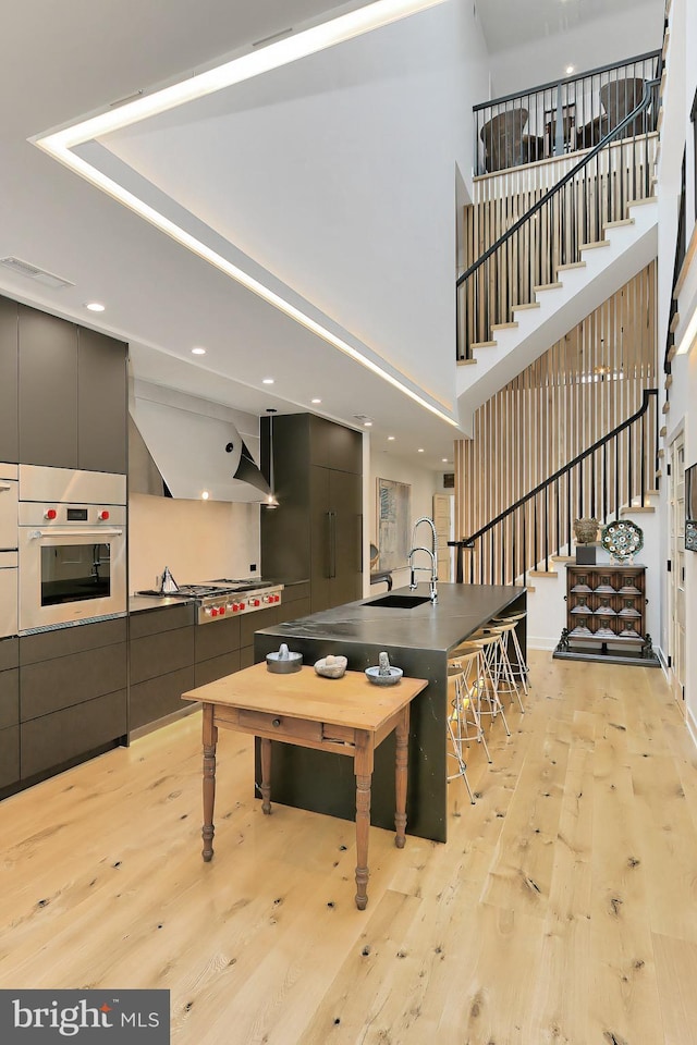 interior space with a towering ceiling, sink, and light hardwood / wood-style flooring