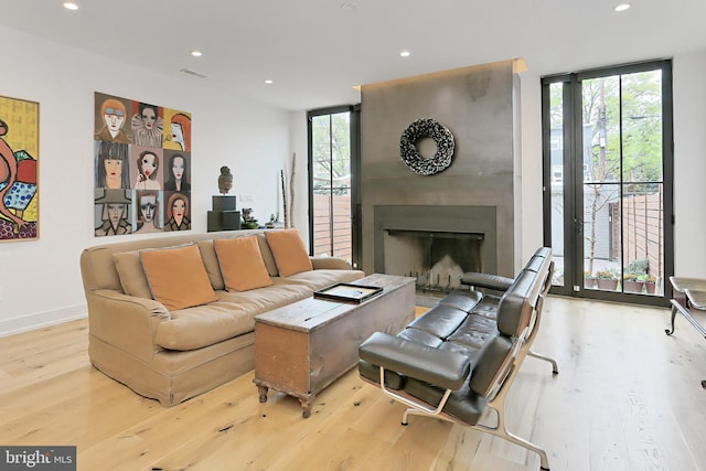 living room featuring a wealth of natural light, a fireplace, expansive windows, and light wood-type flooring