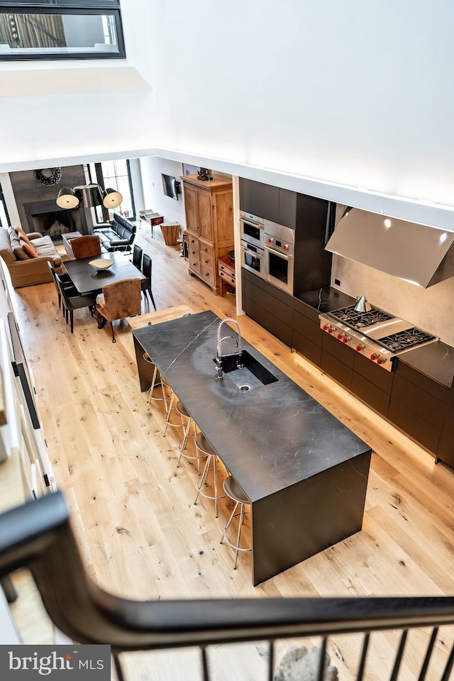 living room featuring sink and light hardwood / wood-style flooring