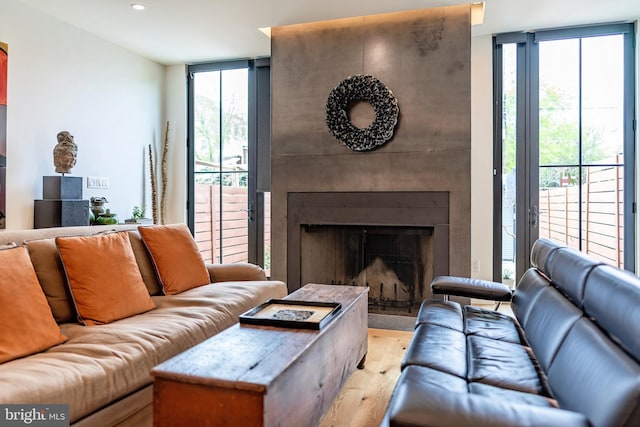 living room with a large fireplace, light hardwood / wood-style floors, and expansive windows