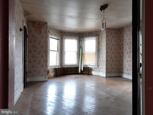 unfurnished room featuring light wood-type flooring and radiator