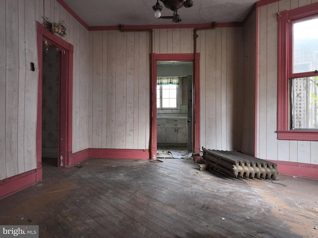 spare room with wooden walls and dark hardwood / wood-style floors