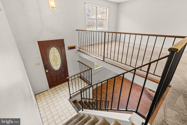 foyer entrance with carpet flooring