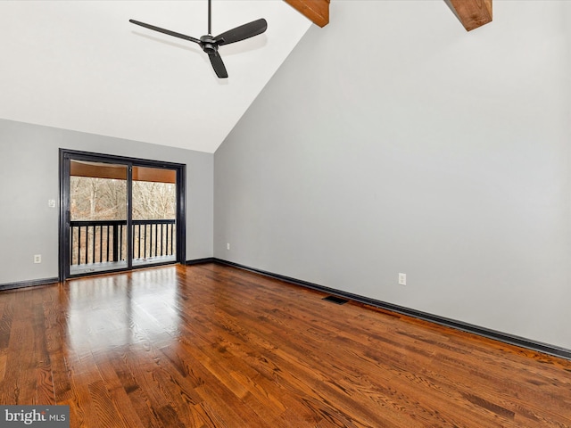 unfurnished living room with beam ceiling, ceiling fan, hardwood / wood-style floors, and high vaulted ceiling