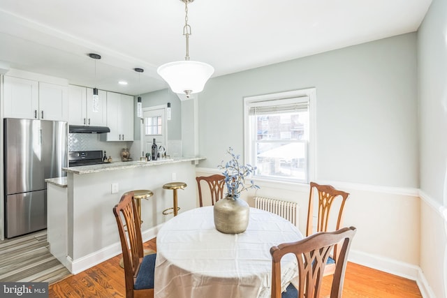 dining room featuring radiator heating unit and light hardwood / wood-style floors