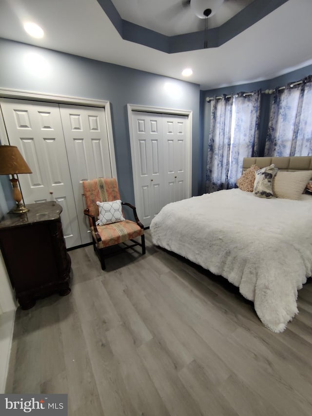 bedroom featuring hardwood / wood-style flooring, ceiling fan, a raised ceiling, and two closets